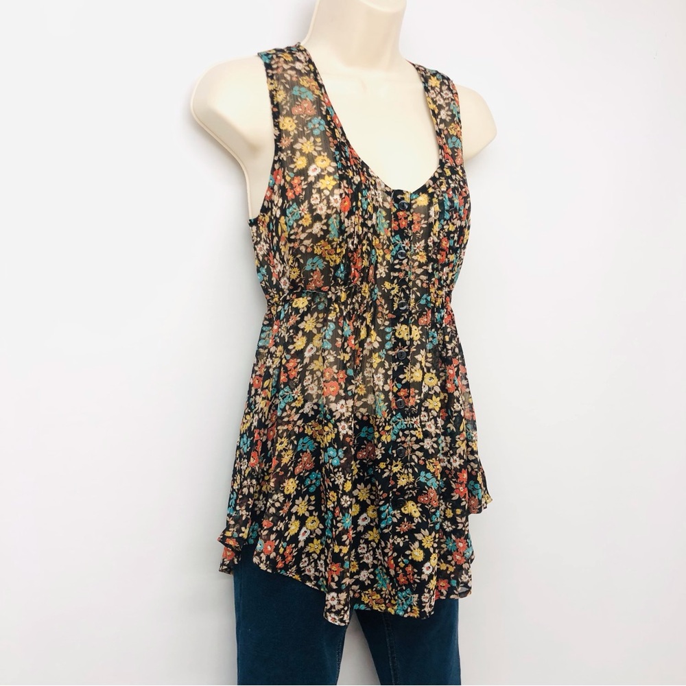 American Rag Black Floral Gauze Top